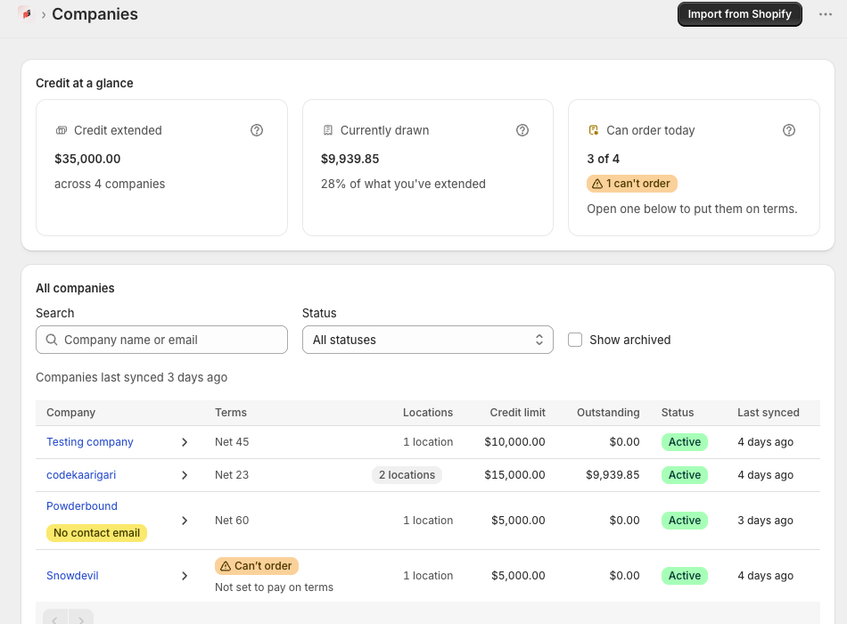 NetGuard Companies screen with credit totals, search and status filters, including a company that cannot order on terms
